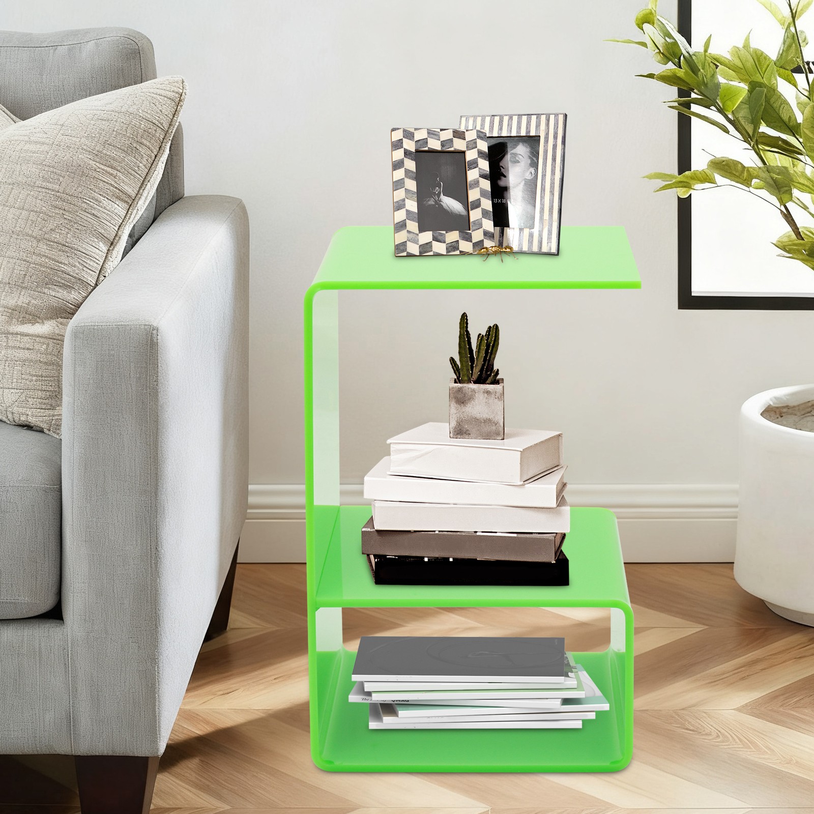 3-Tier Green Acrylic Side Table 35 × 35 × 55 cm Compact End Bedside Shelf