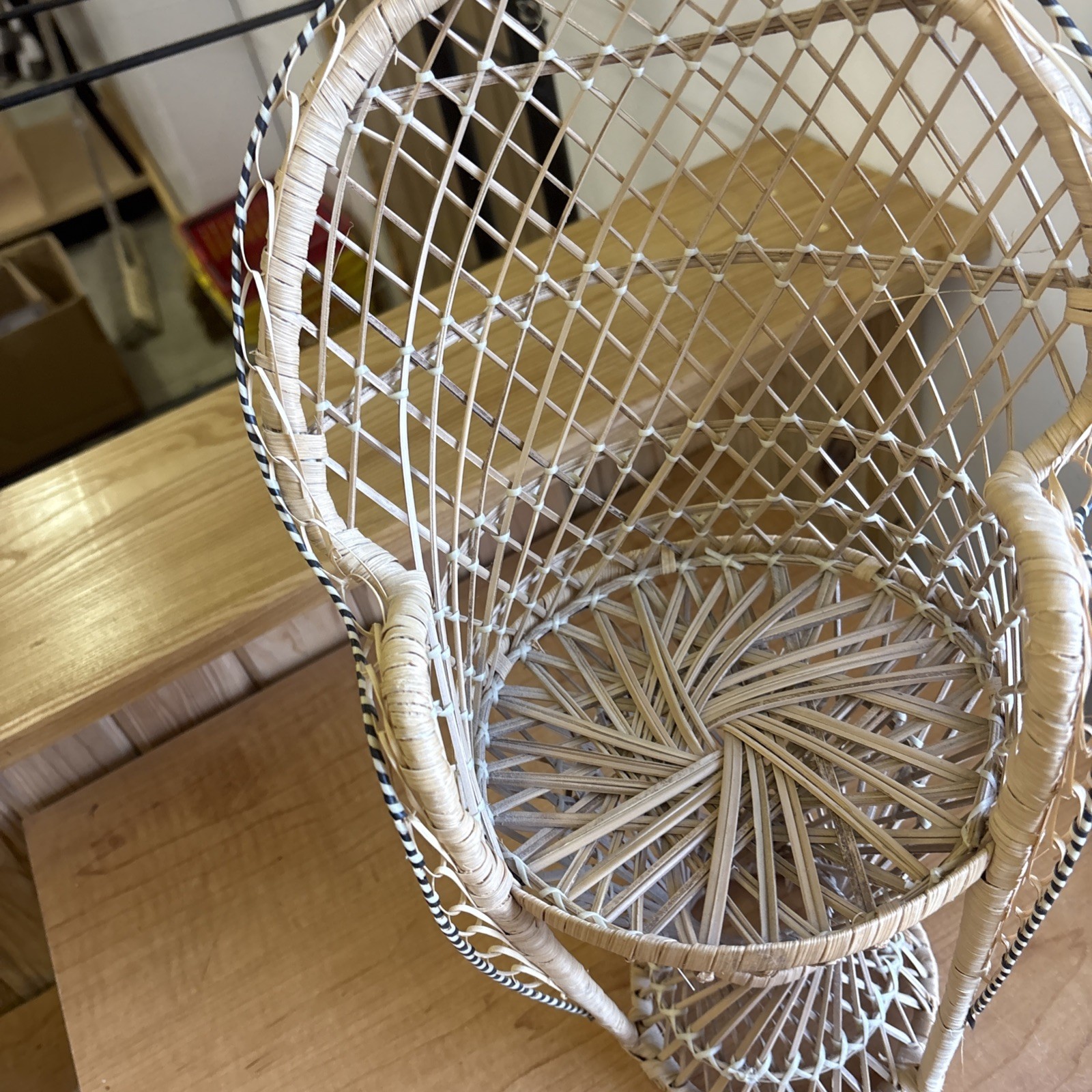 Wicker Chair Fan Back Rattan Doll Plant Stand Small Boho Brown Tan Peacock 16″