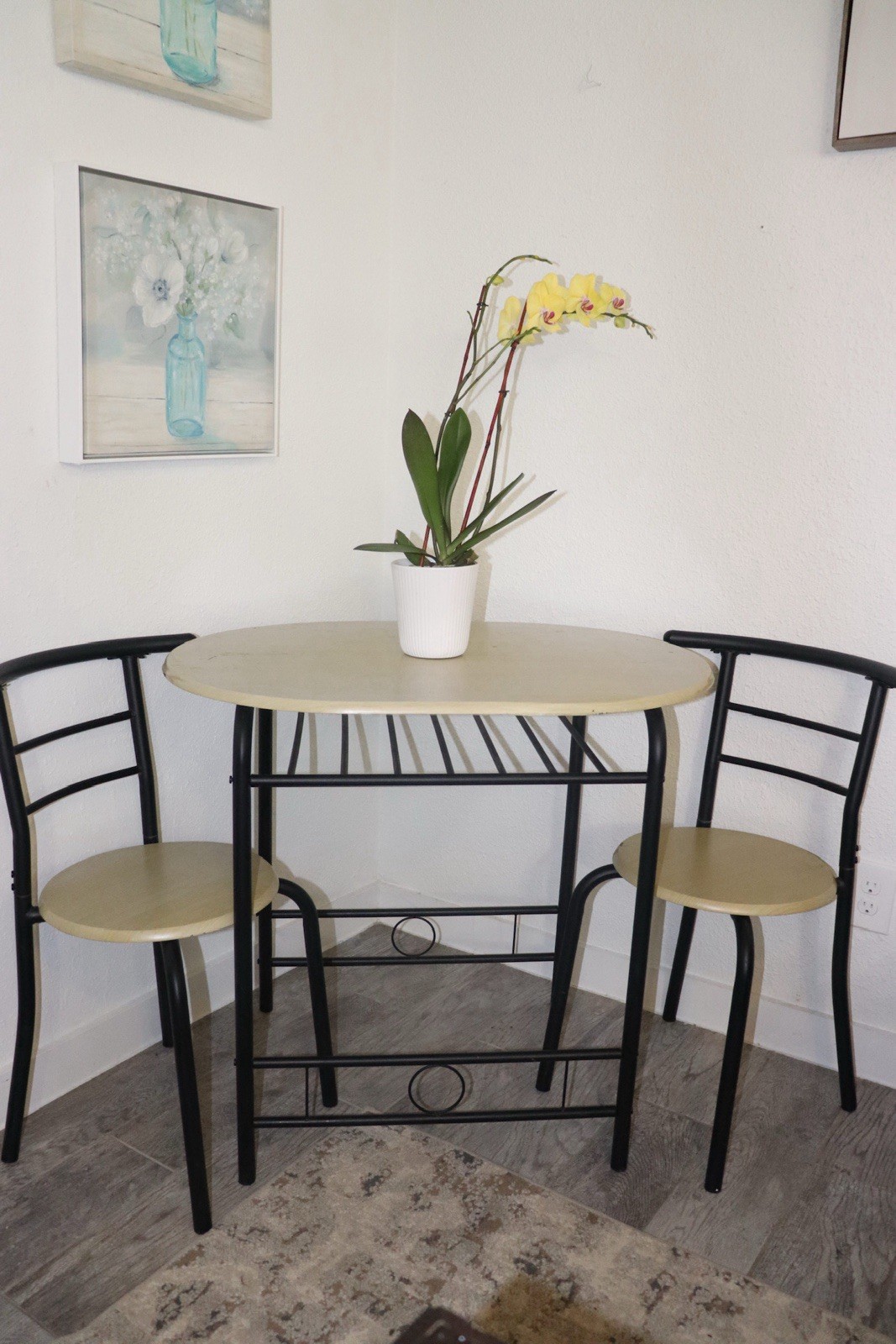 3-Piece Dining Set Oval Table & 2 Chairs, Black Metal Frame, Beige Top