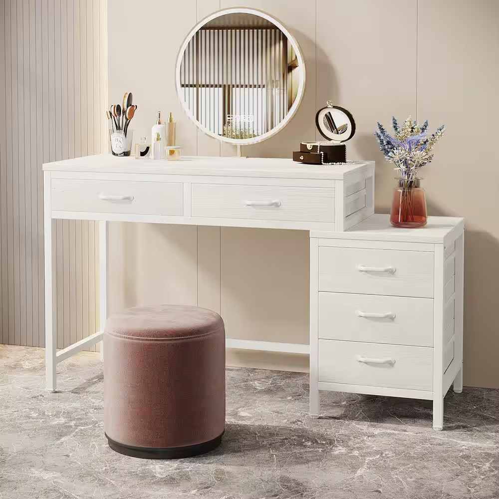 Moronia 51 In. Retangular White Computer Desk 5-Storage Drawers Home Office Stud