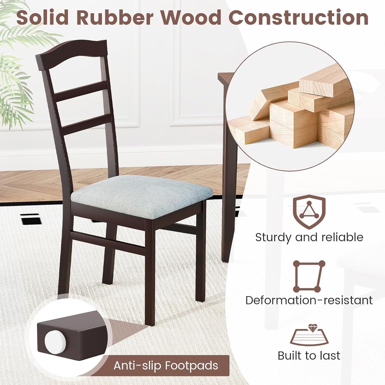 Wooden Dining Chairs Set of 2, Upholstered Kitchen Chair w/Rubber Wood Frame,