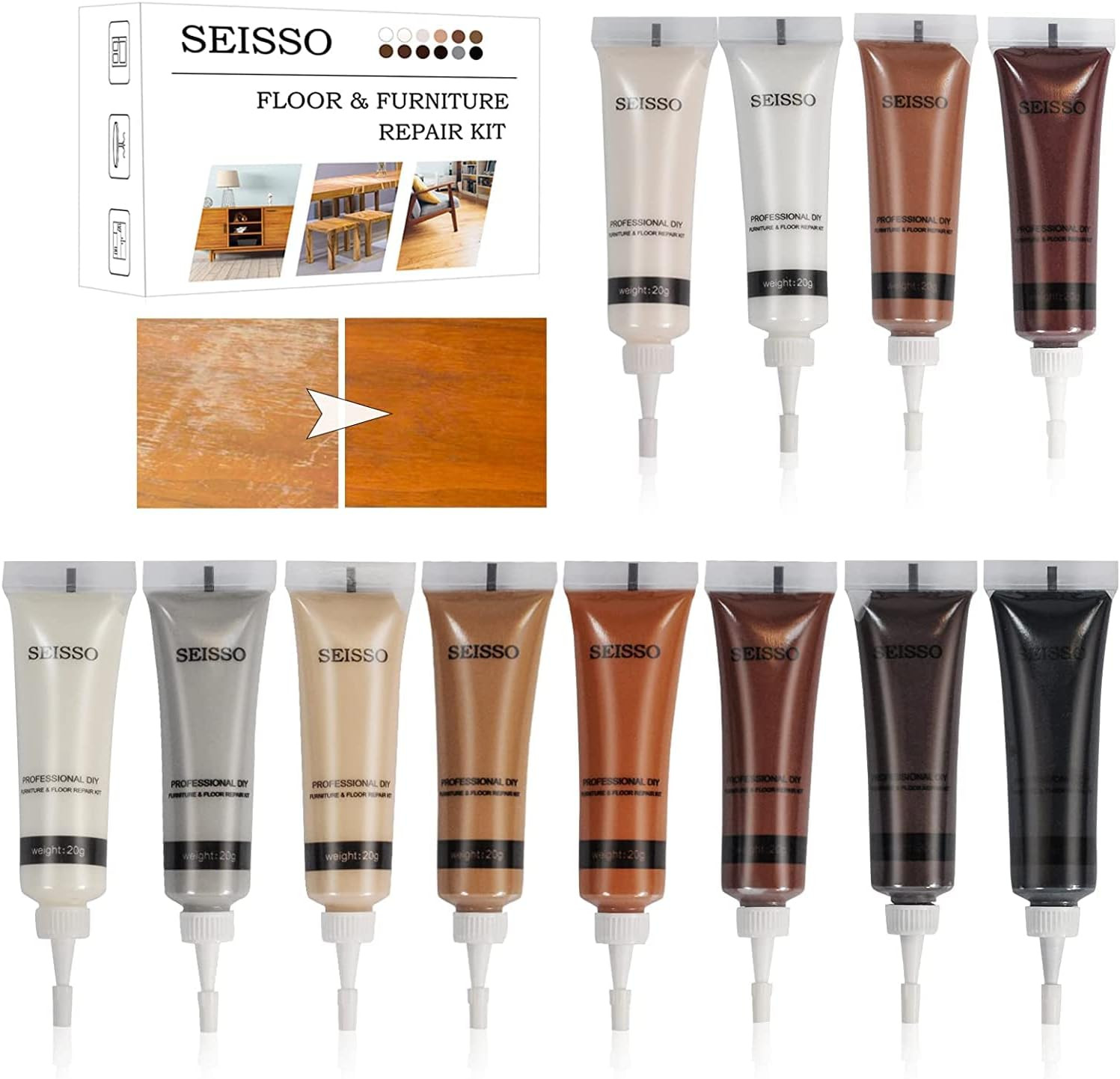 Wood Repair Kit Wood Touch up Paint Restore Any Wood Furniture Wood Stain, 12 Co