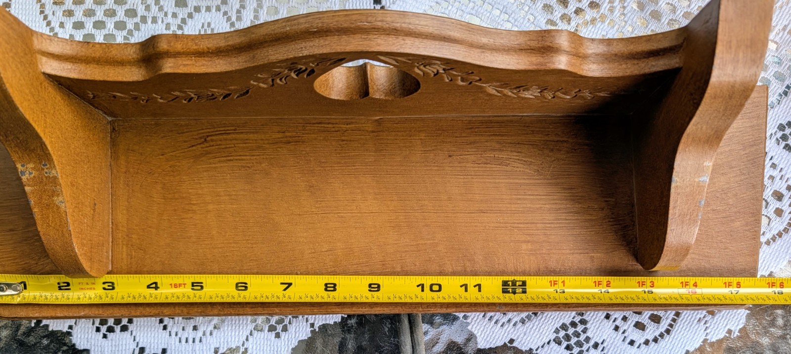 VTG 18″ Burwood MCM FAUX WOOD Shelf Floral Heart Cut Out Brown 2767 Cottagecore