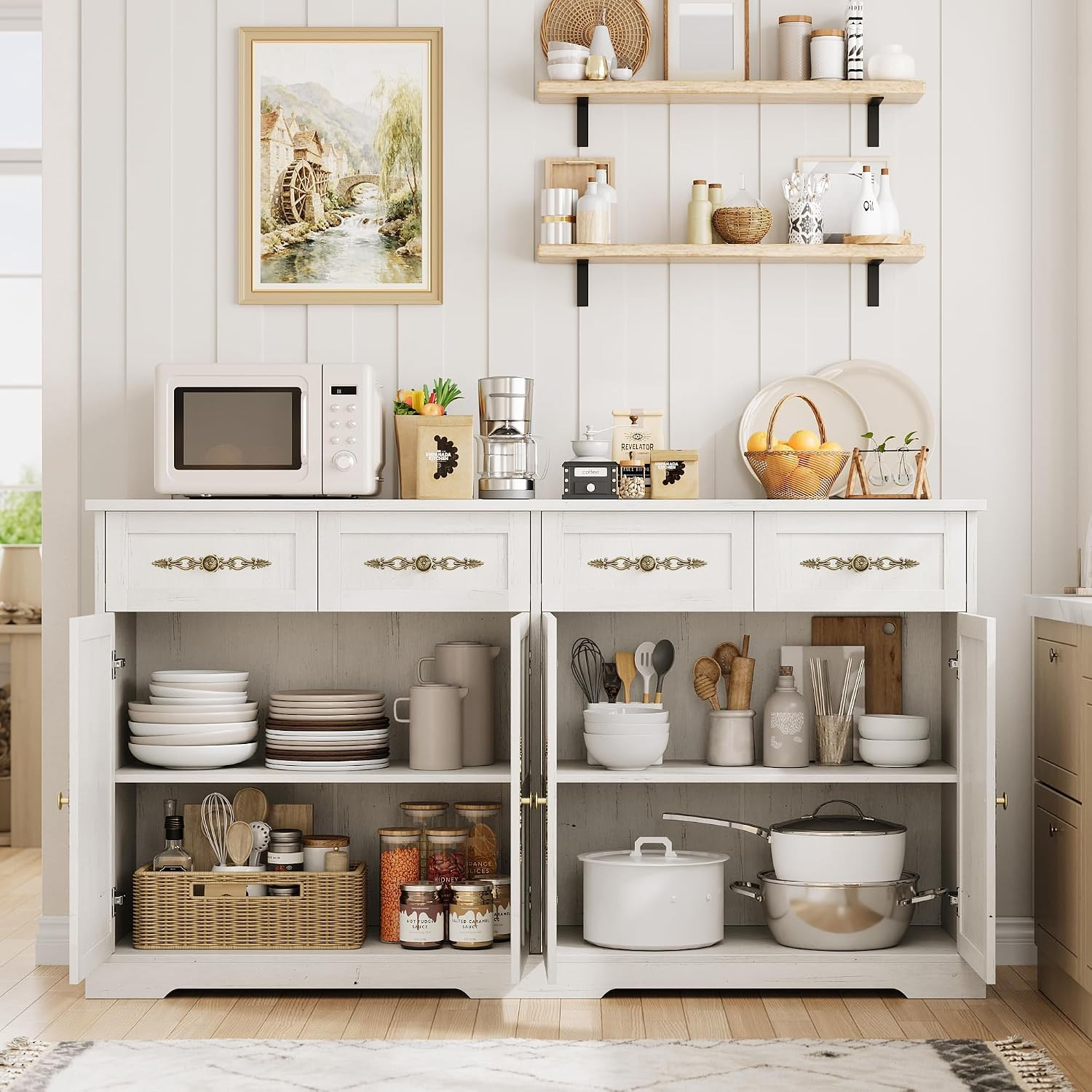 Modern 60″ White Sideboard Buffet Cabinet with 4 Drawers & Gold Handles