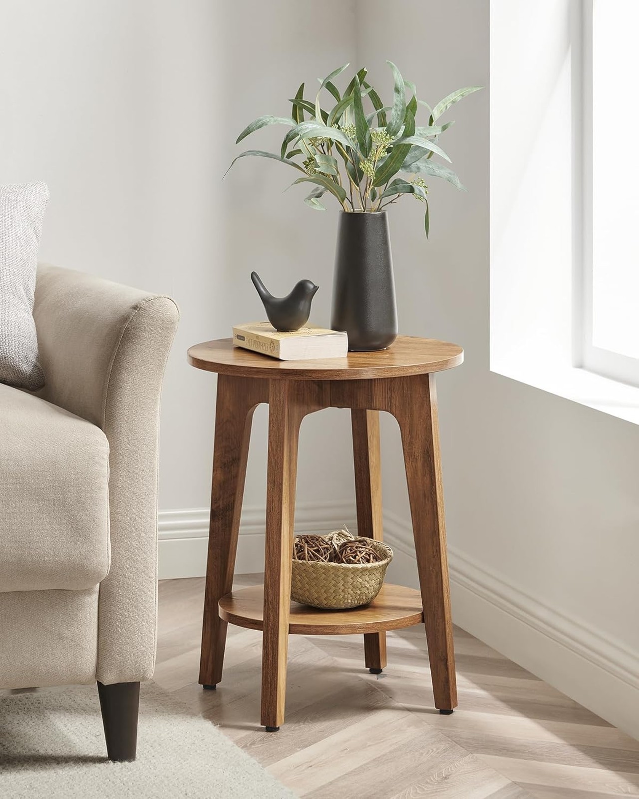 Side Table 2-Tier Small Round End Table Nightstand Tapered Legs Curved