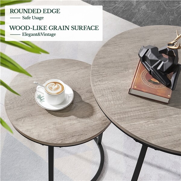 Rustic Round Nesting Coffee Table Set w/ Metal Leg & Wooden Tabletop Living Room