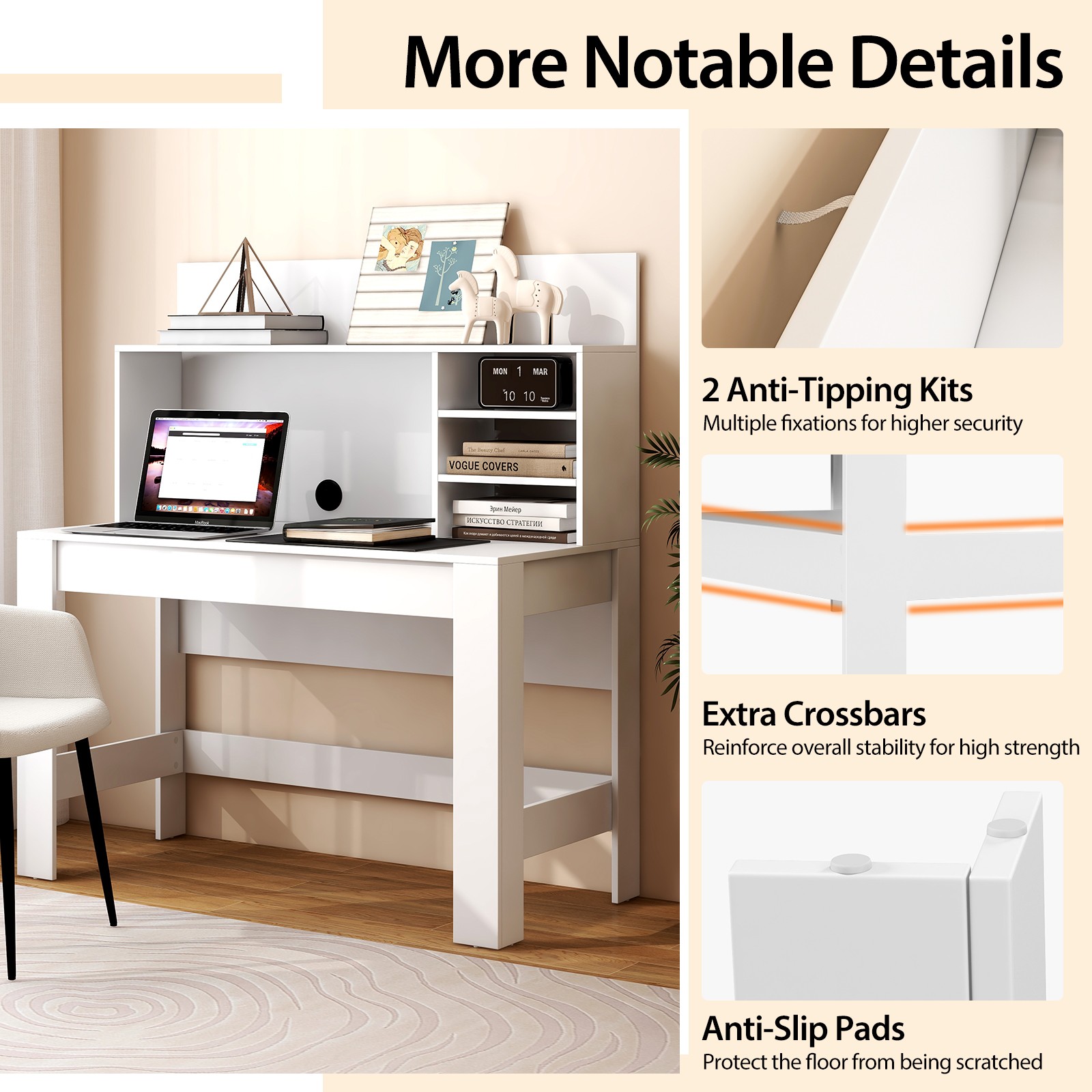 Home Office Computer Desk Study Table Writing Workstation Hutch Cable Hole White