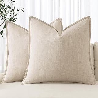 MIULEE Decorative Linen Pillow Covers 20×20 Inch Natural Beige Boho Farmhouse Ne