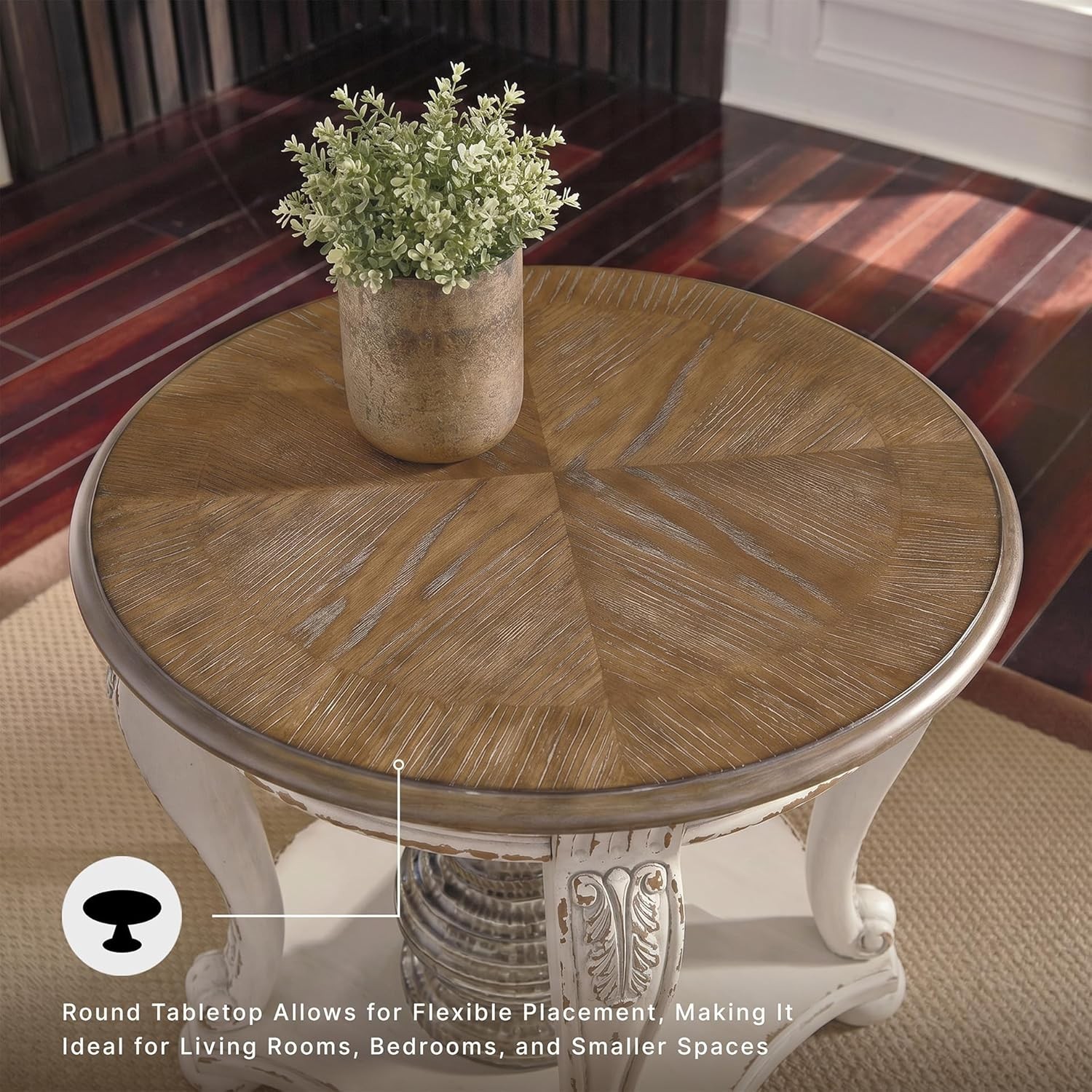 End Table, Cottage-Style Round Side Table with Antiqued Two-Tone Finish, Wood