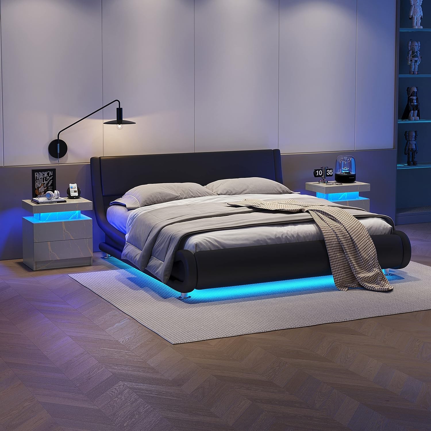 Modern bedside table – grey gold, 2 drawers, multi-color adjustable LED lights