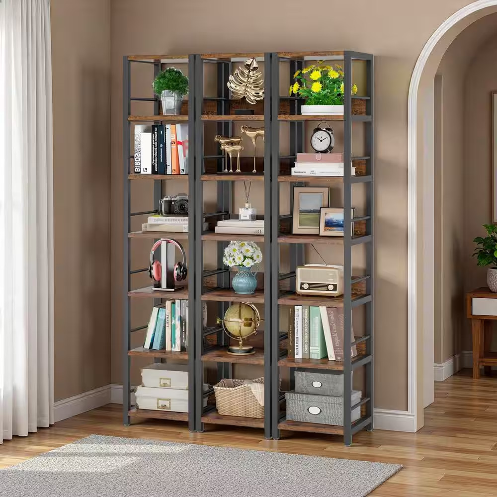 75 In. Tall Brown Engineered Wood 6-Shelf Etagere Bookcase, Corner Bookshelf Nar