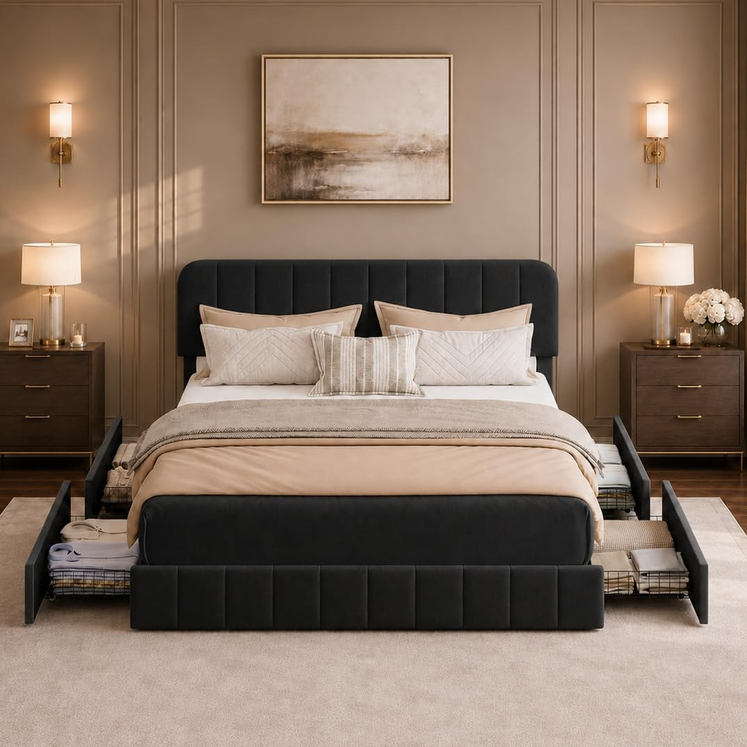 Queen Size Velvet Bed Frame with 4 Storage Drawers, Upholstered Platform Bed wit