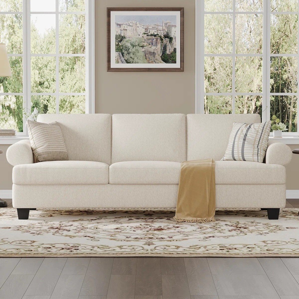 White Cream Rolled Arm Linen Sofa Couch Extra Deep Seat Removable Cushions New