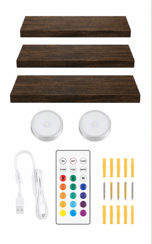 CaHomet Floating Shelves with 2 RGB Puck Lights & Remote Wireless LED 3 Pack