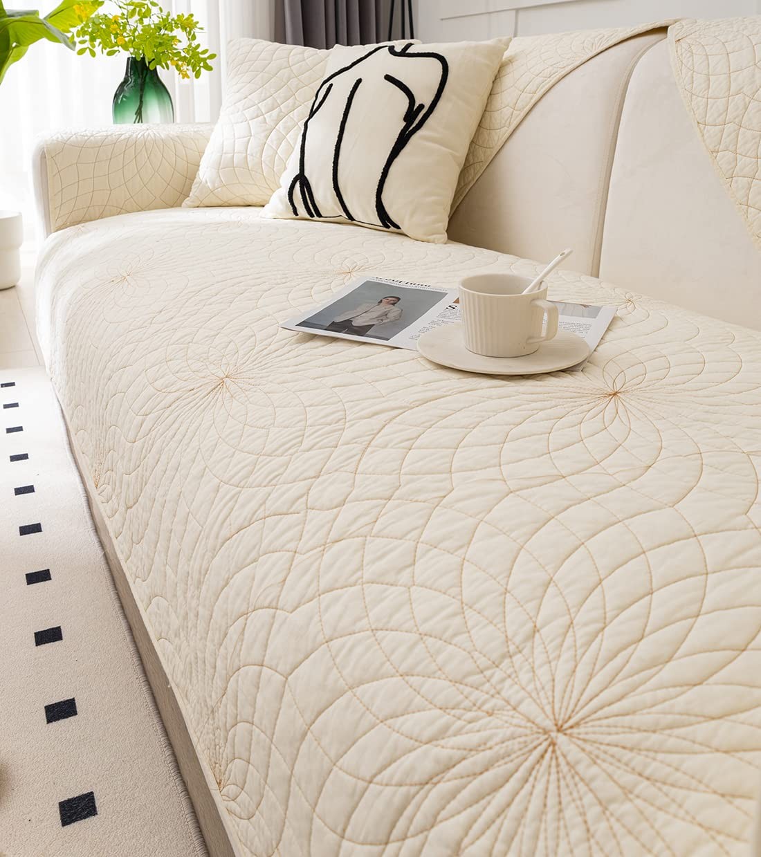 Farmhouse Couch Cover Solid Color Neutral Sofa Cover Soft Cotton Quilted Sect…