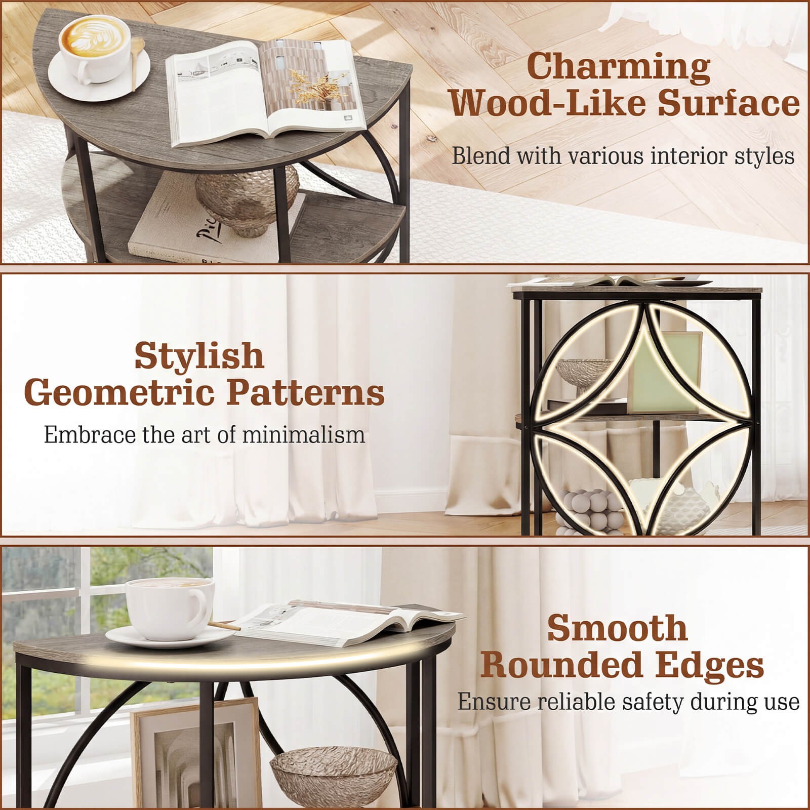 3-Tier Half Round End Table Set of 2 w/Study Metal Frame, Storage Shelves