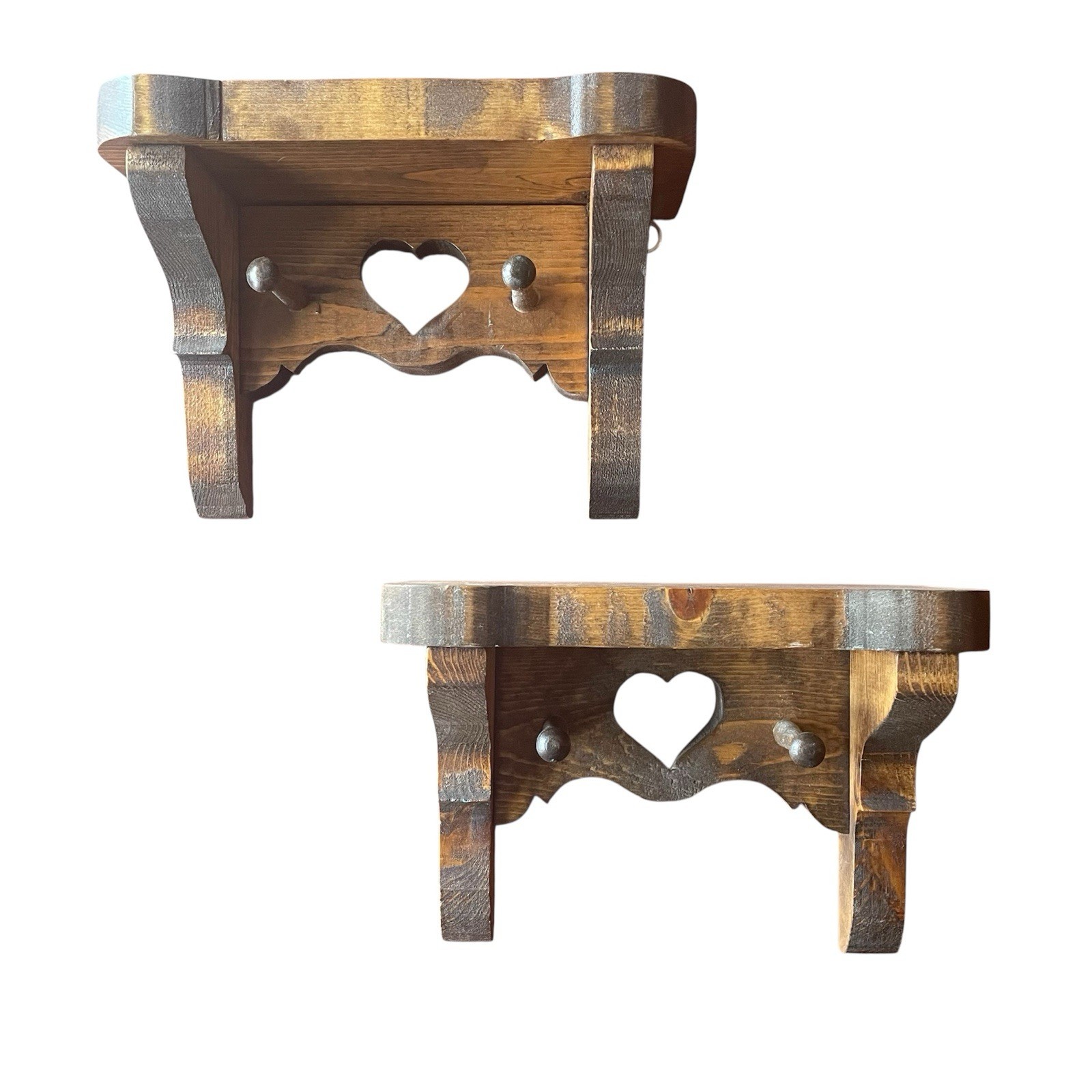 2 Vtg Wood Heart Small Wall Shelves Pegs Matched 7.5″ wide Cottage Grandma Core