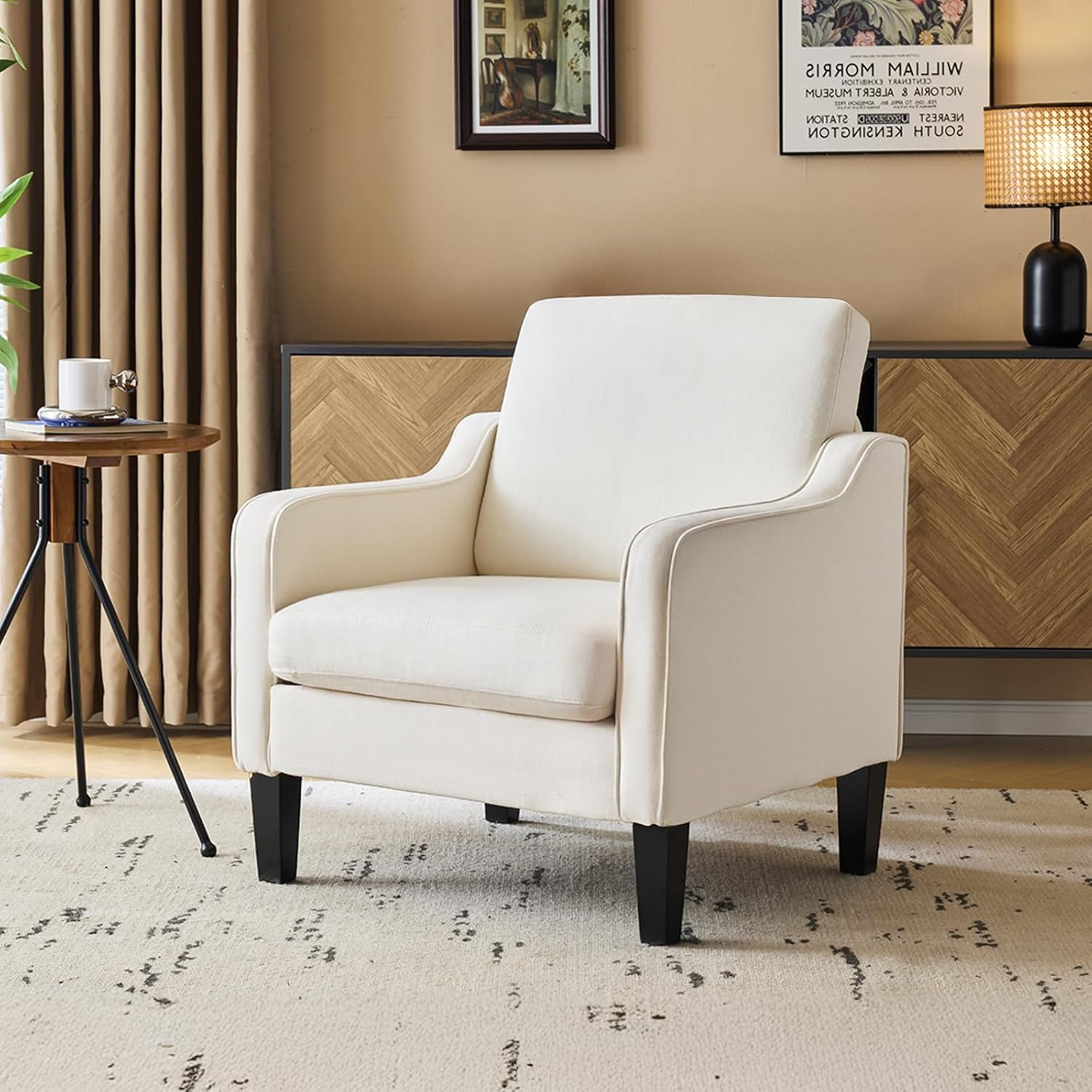 Beige Mid Century Accent Chair – Comfy Upholstered Armchair for Small Spaces