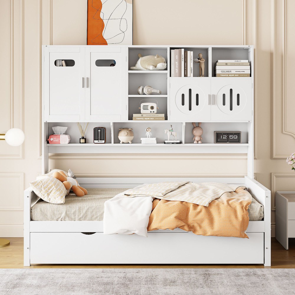 Twin Size Wooden Daybed with Twin Trundle Cabinet Shelf Storage