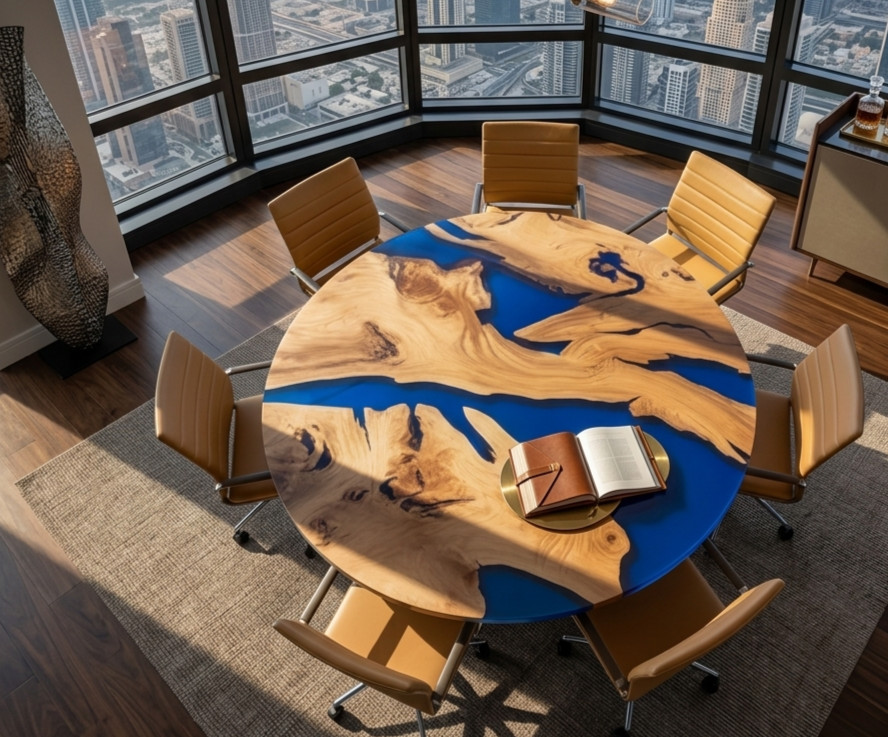 15″ Handmade Live Edge Round Dining Table Blue Ocean Epoxy Resin Room Decor