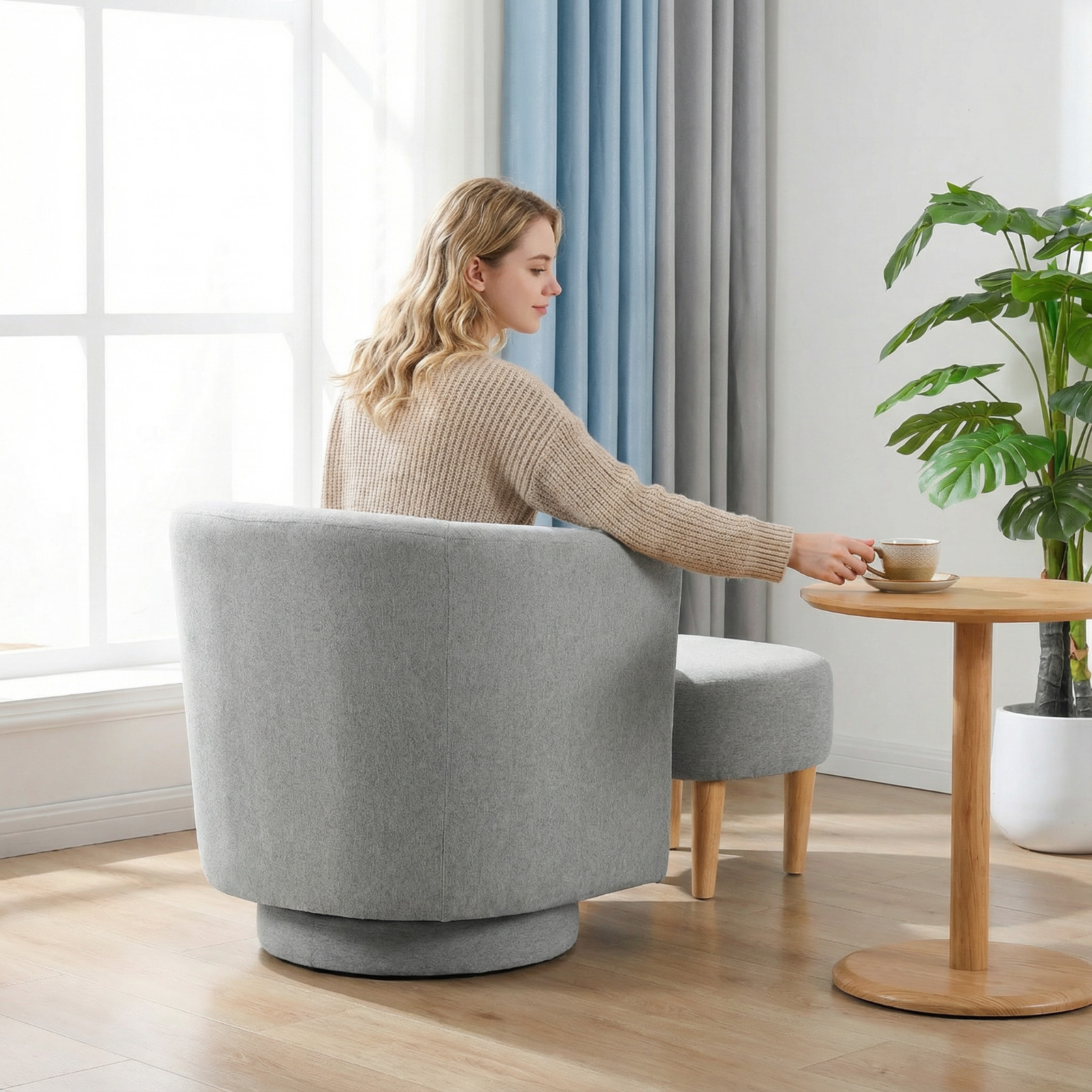 Modern Accent Swivel Armchair Fabric Single Sofa w/Ottoman Chair for Living Room