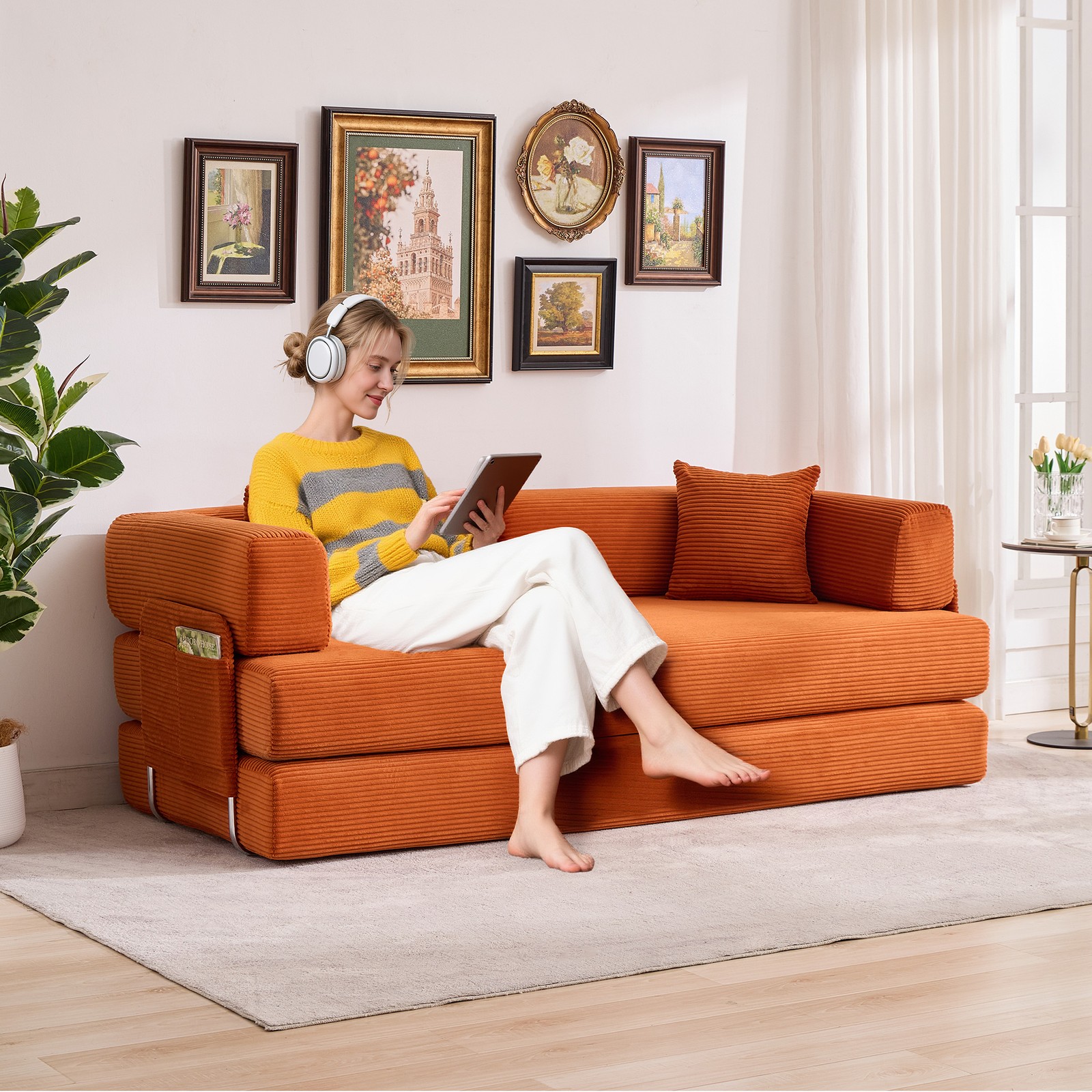 79″ Oversized 5-in-1 Convertible Corduroy Sleeper Folding Sofa Bed W/Pillows US