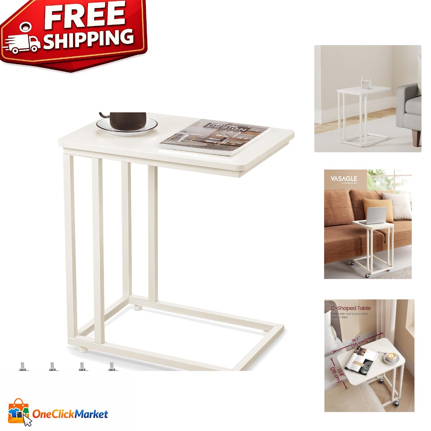 Durable Mobile End Table with C-Shaped Design and Adjustable Feet – Cream White