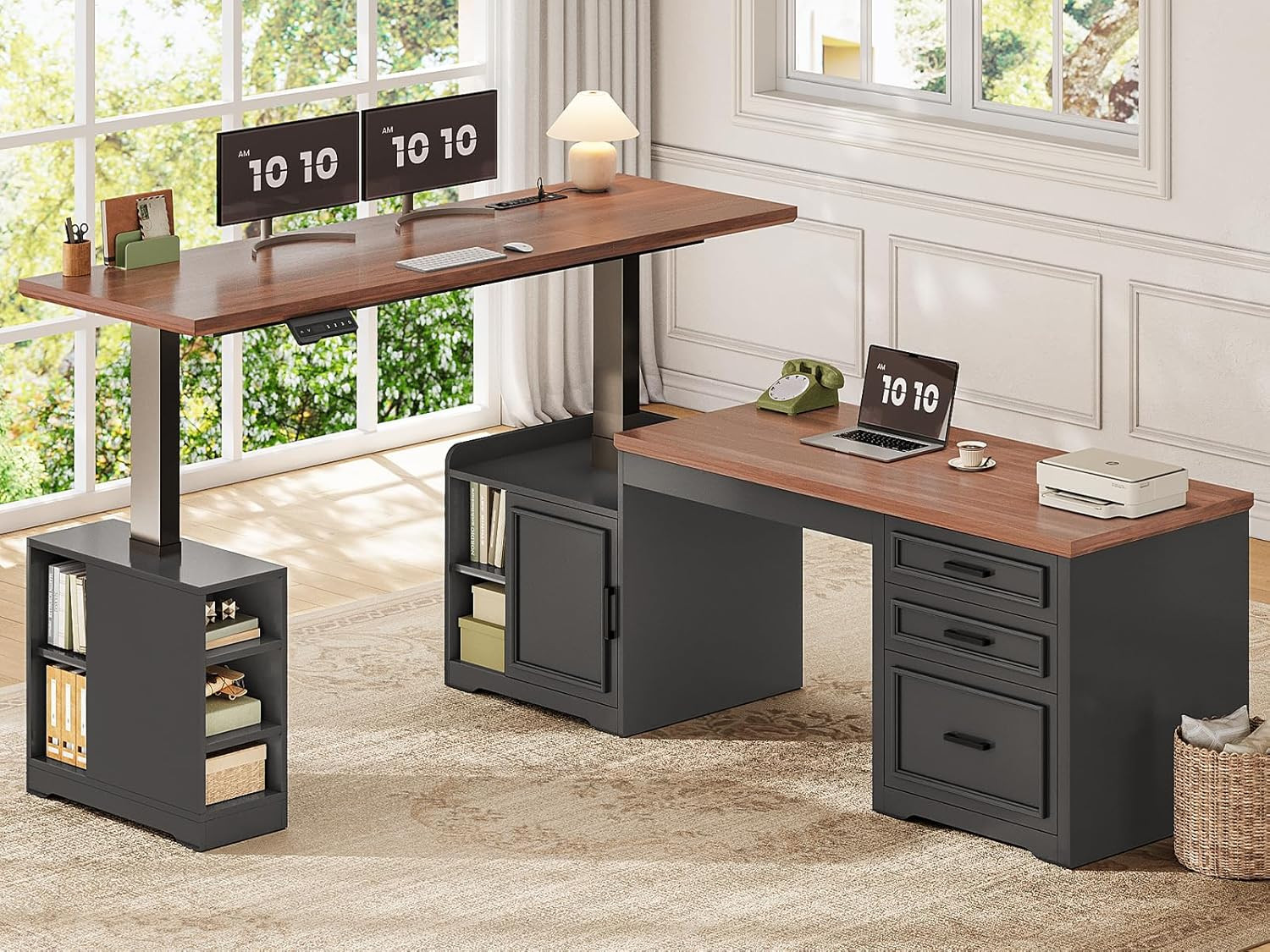 Farmhouse L Shaped Electric Standing Desk, 63″ X 67″ Height Adjustable Office Ex