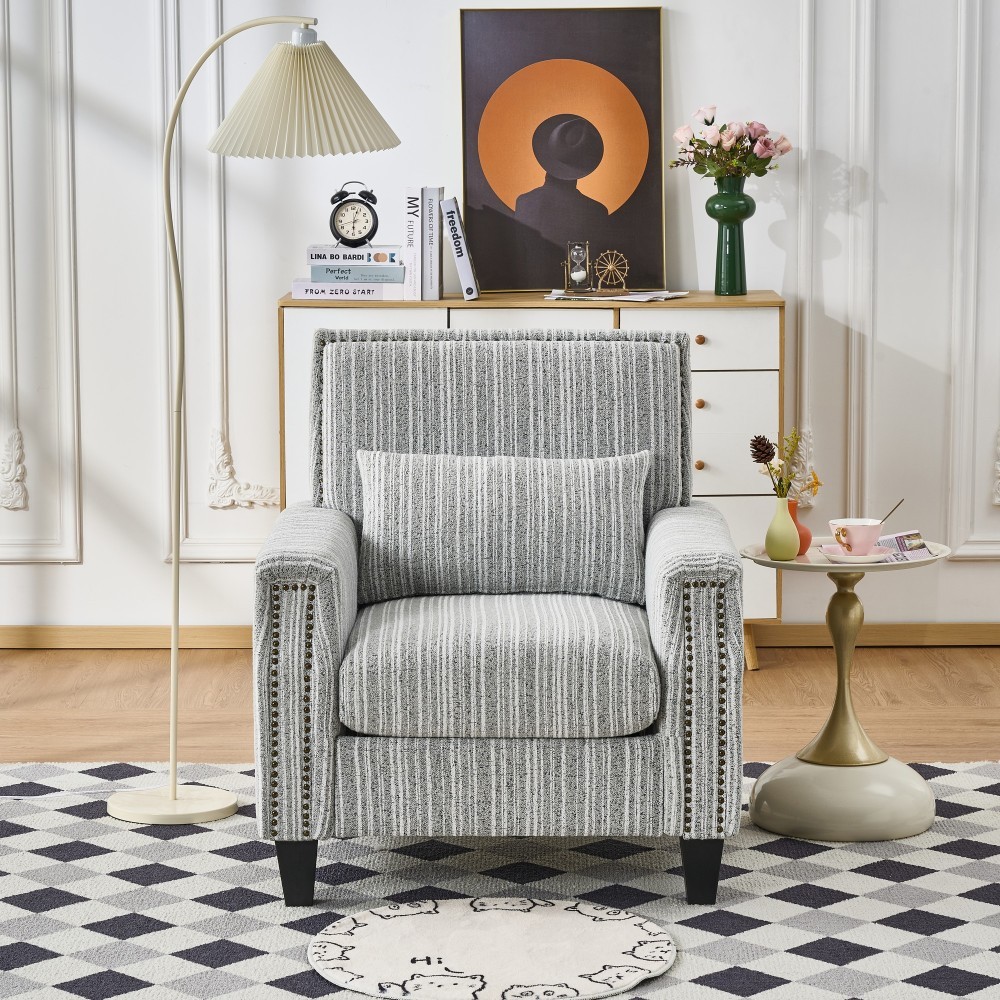 Modern Accent Chair with Arms Comfy Upholstered Armchair Grey White Striped