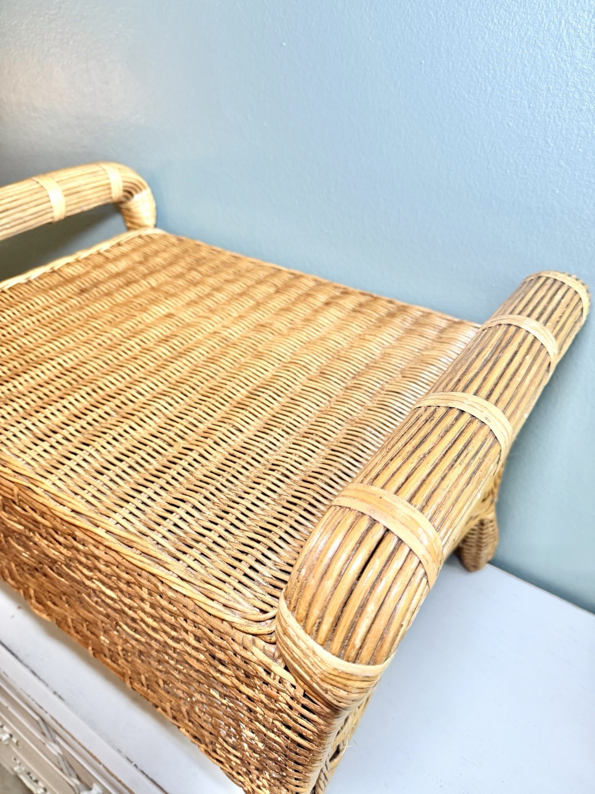 Vintage Rattan Wicker Ottoman Footstool Bench Boho Coastal Decor Stool