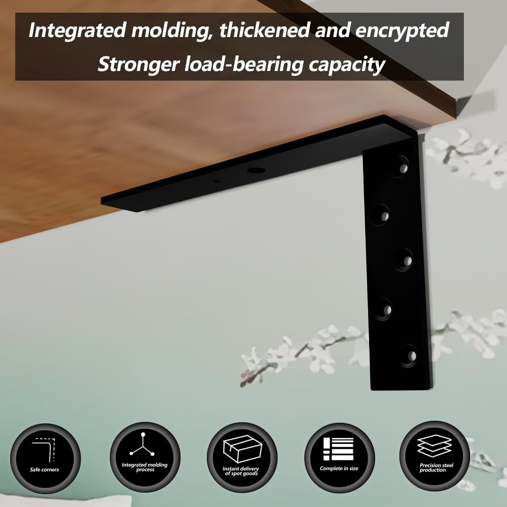 2 PCS 12 Inch Black Heavy Duty Steel Hidden Hanging L Countertop Bracket 200lb