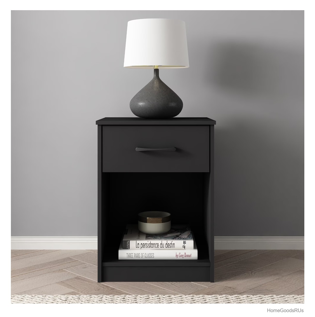 Nightstand 1 Drawer Black Wood Grain Bedside Table Easy Assembly Metal Glides