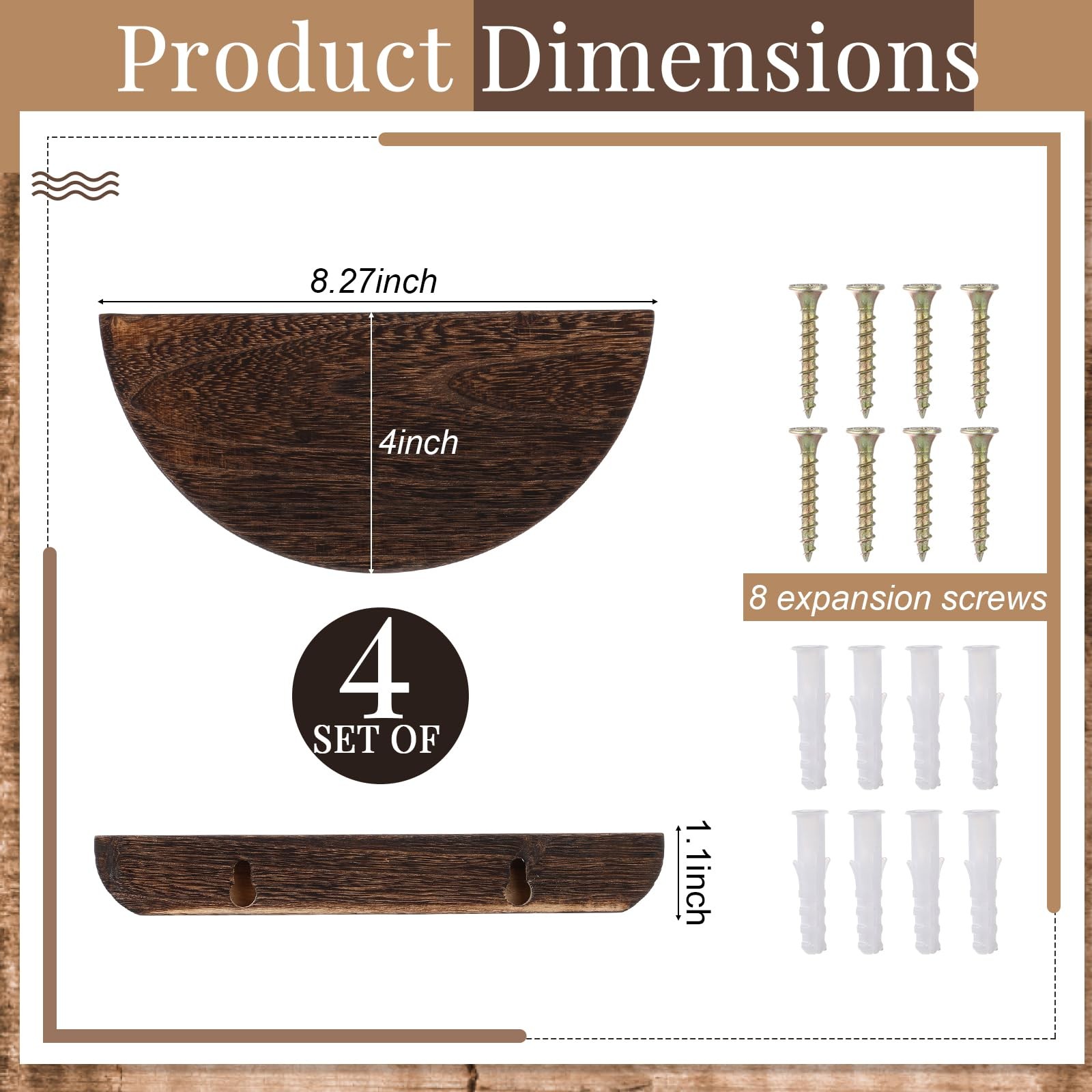4 PCS Dark Brown Solid Wood Half Round Floating Shelves 8.27 Inch Wall Mount
