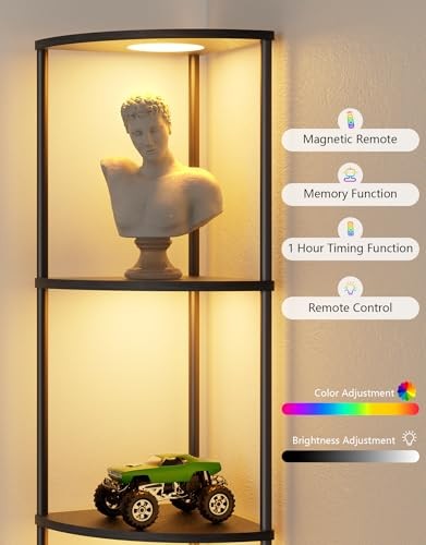 Corner Shelf with RGBCW LED Light, 64.5” Tall Floor Lamp Narrow Bookshelf Black