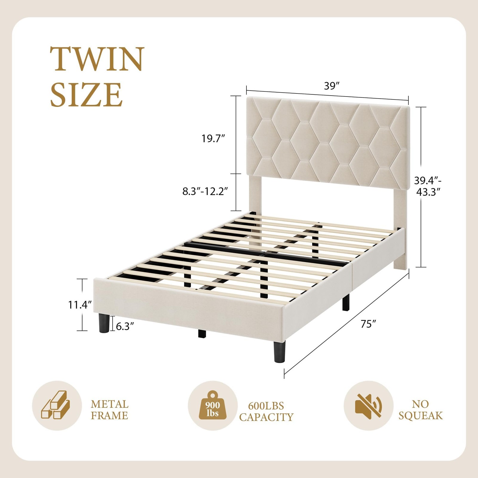 Twin/Full/Queen Size Bed Frame Platform with Upholstered Headboard & Wooden Slat