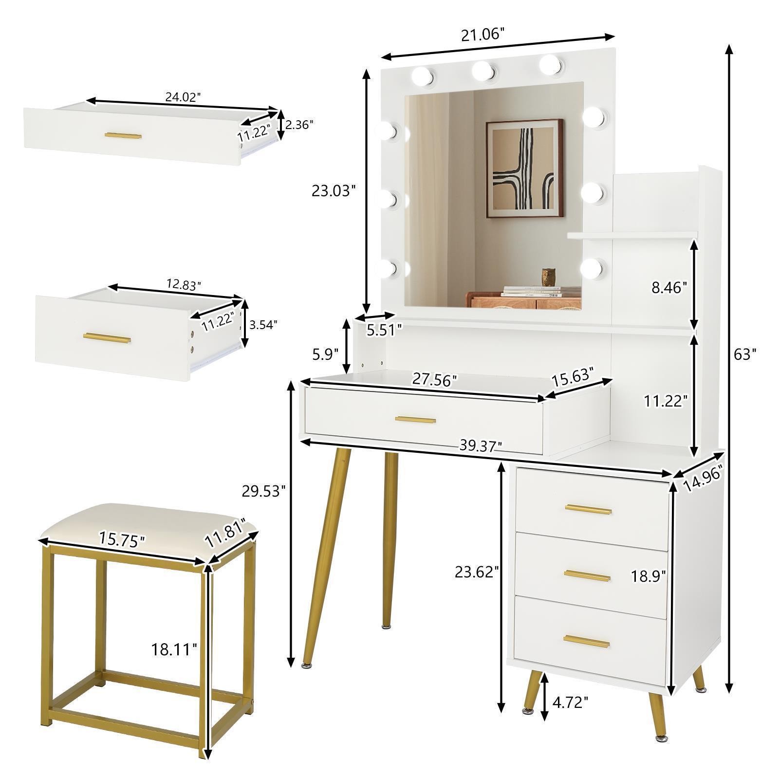 Vanity Table Set with 9 Led Dimmable Mirror 4 Drawers Dresser Storage Cabinet