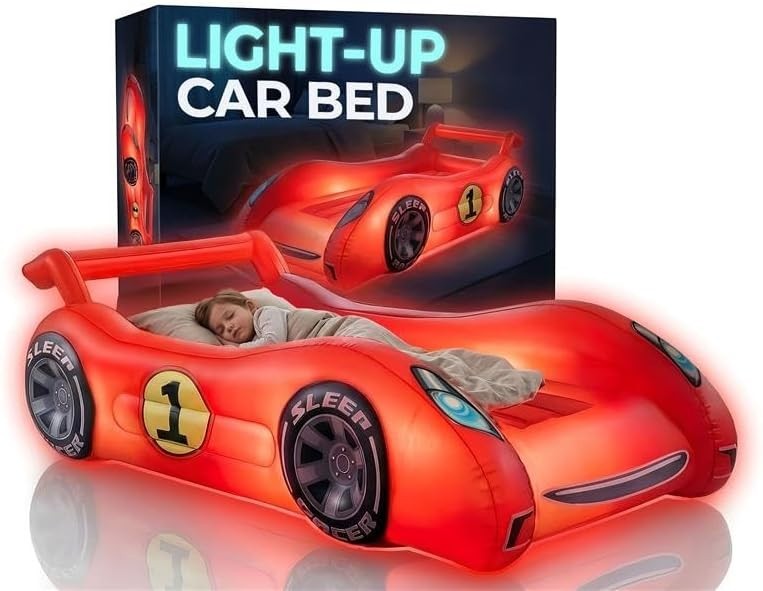 Sleep Racer Inflatable Kids Air Mattress with LED Light – Red Race Car