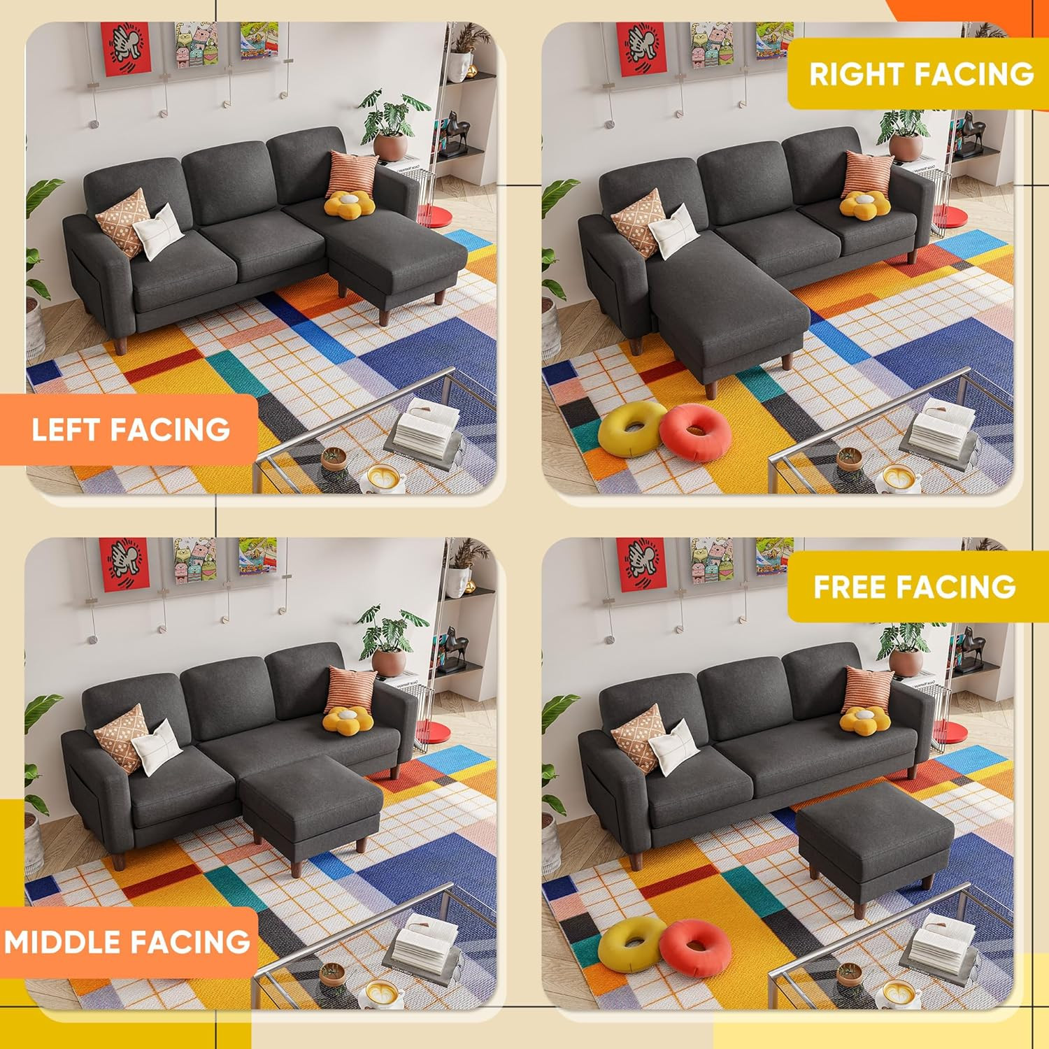 Compact Dark Grey L-Shaped Sofa with Movable Ottoman for Small Spaces