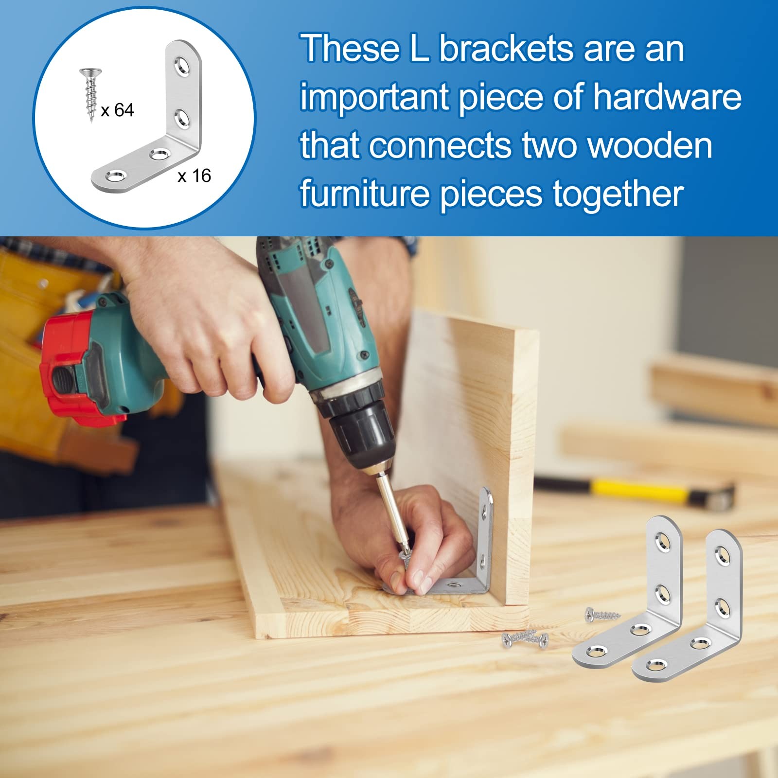 16 Pcs L Bracket Stainless Steel Corner Brace 90 Degree Furniture Wood Shelves 4