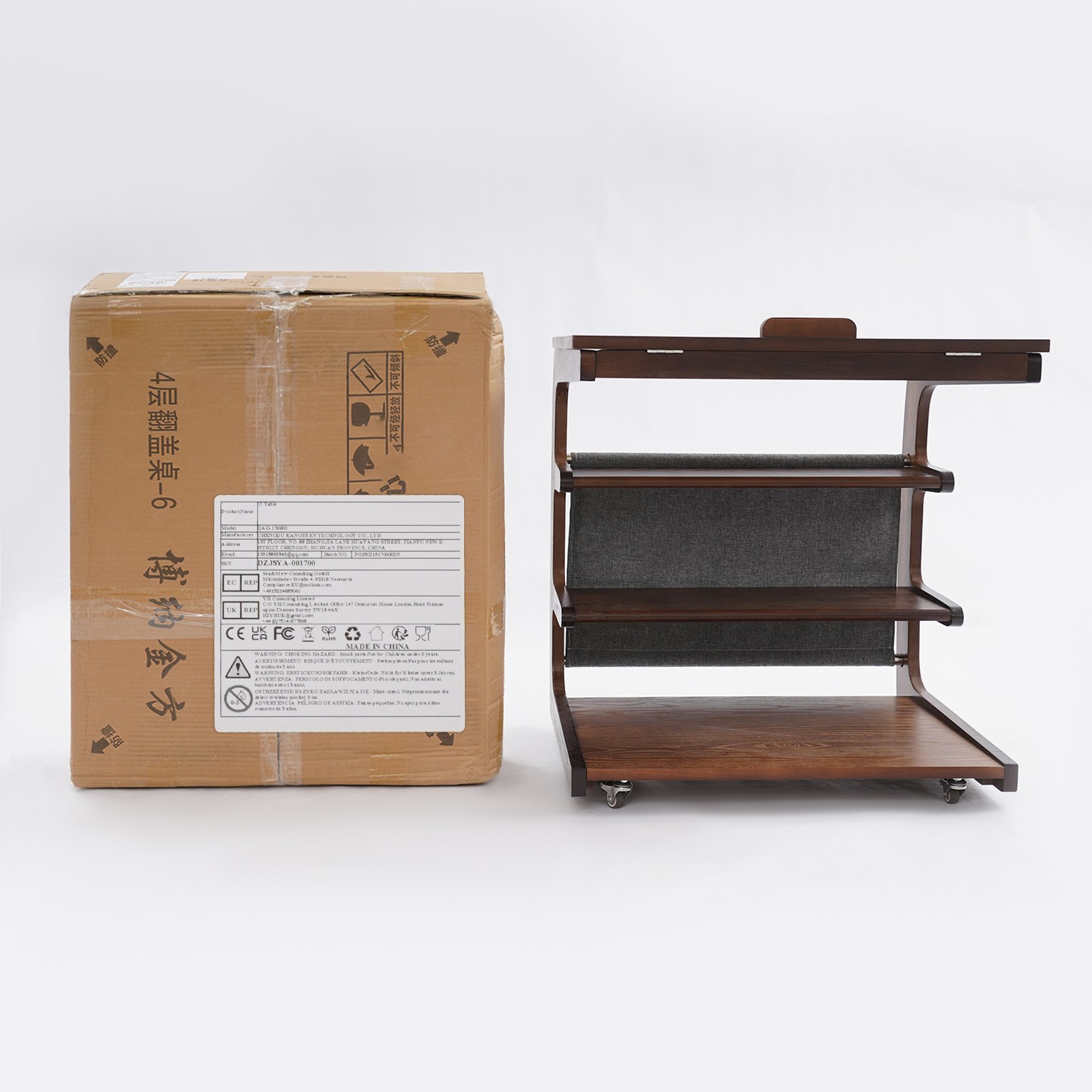 24.8 in 4-tier C-shaped Side Table, Rubberwood Side Table with Wheels Indoior