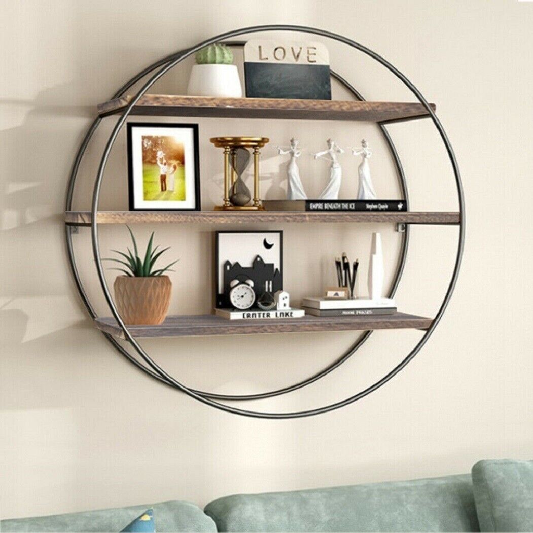 3 Tier Round Floating Shelves for Wall Mounted Metal/Wood Unique Book Display