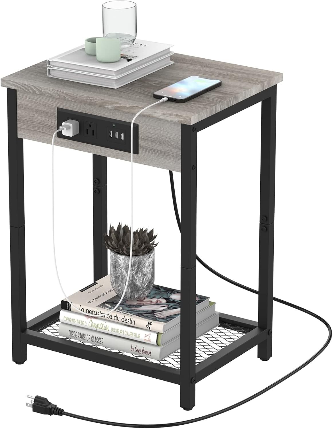 Modern Nightstand w/Charging Station Bedside Table End Table Bedroom Office