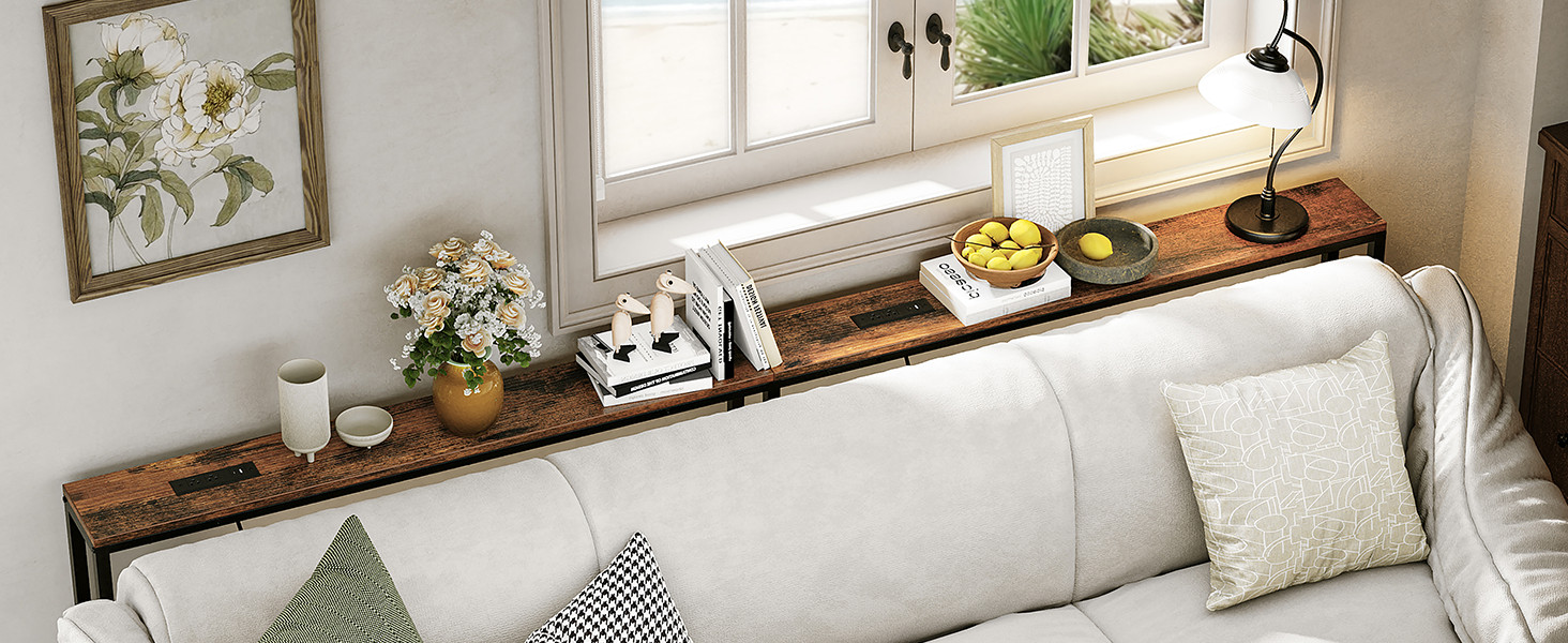 110.2″ Behind Couch Table Adjustable Height 23.8~34.8″ with 2 Charging Stations,