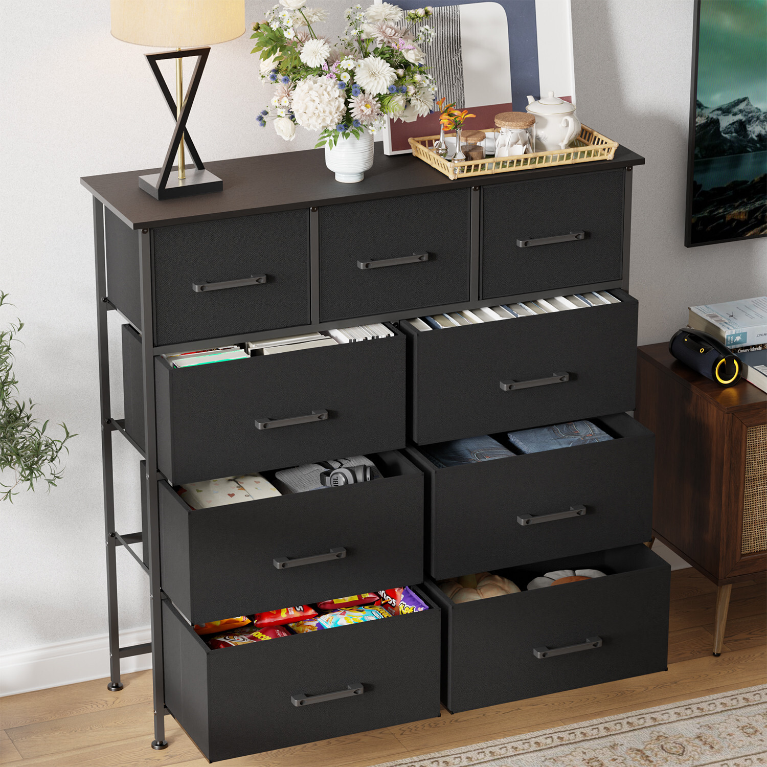 9-Drawer Fabric Dresser,Sturdy Storage Tower Dresser for Bedroom w/ Metal Frame