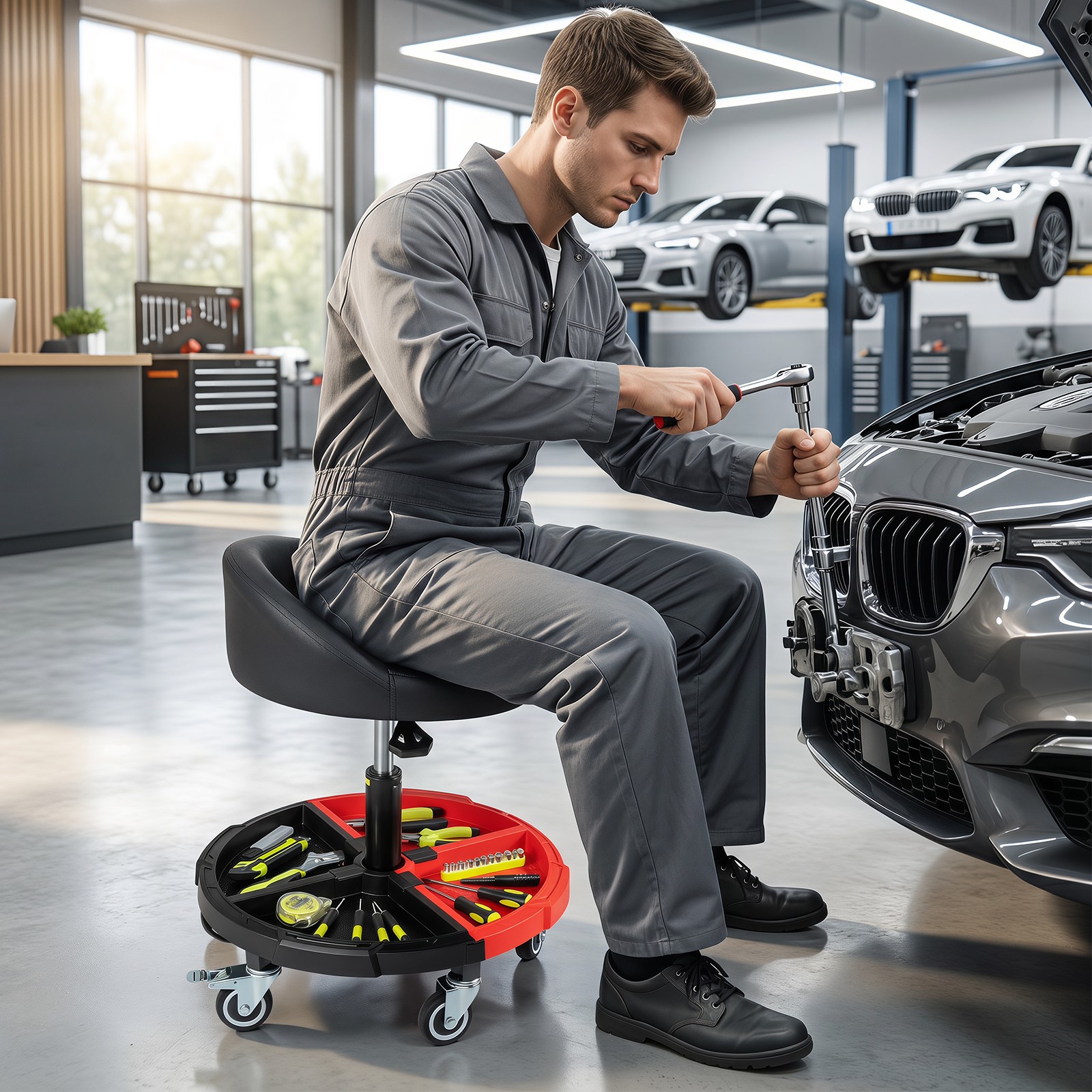 360° Rolling Mechanic Stool w/Tool Storage Tray, Backrest, Lockable Wheels