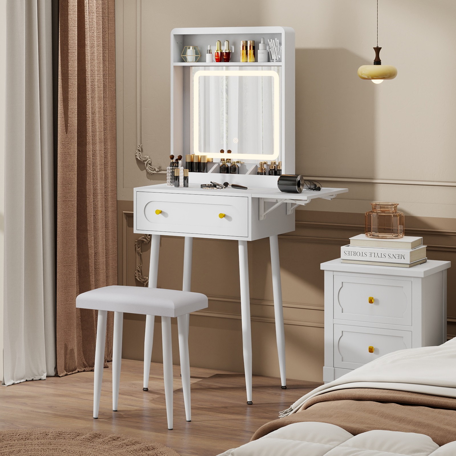 Small Dressing Table Vanity Set with Mirror Lights Chair Drawers & Sliding Door
