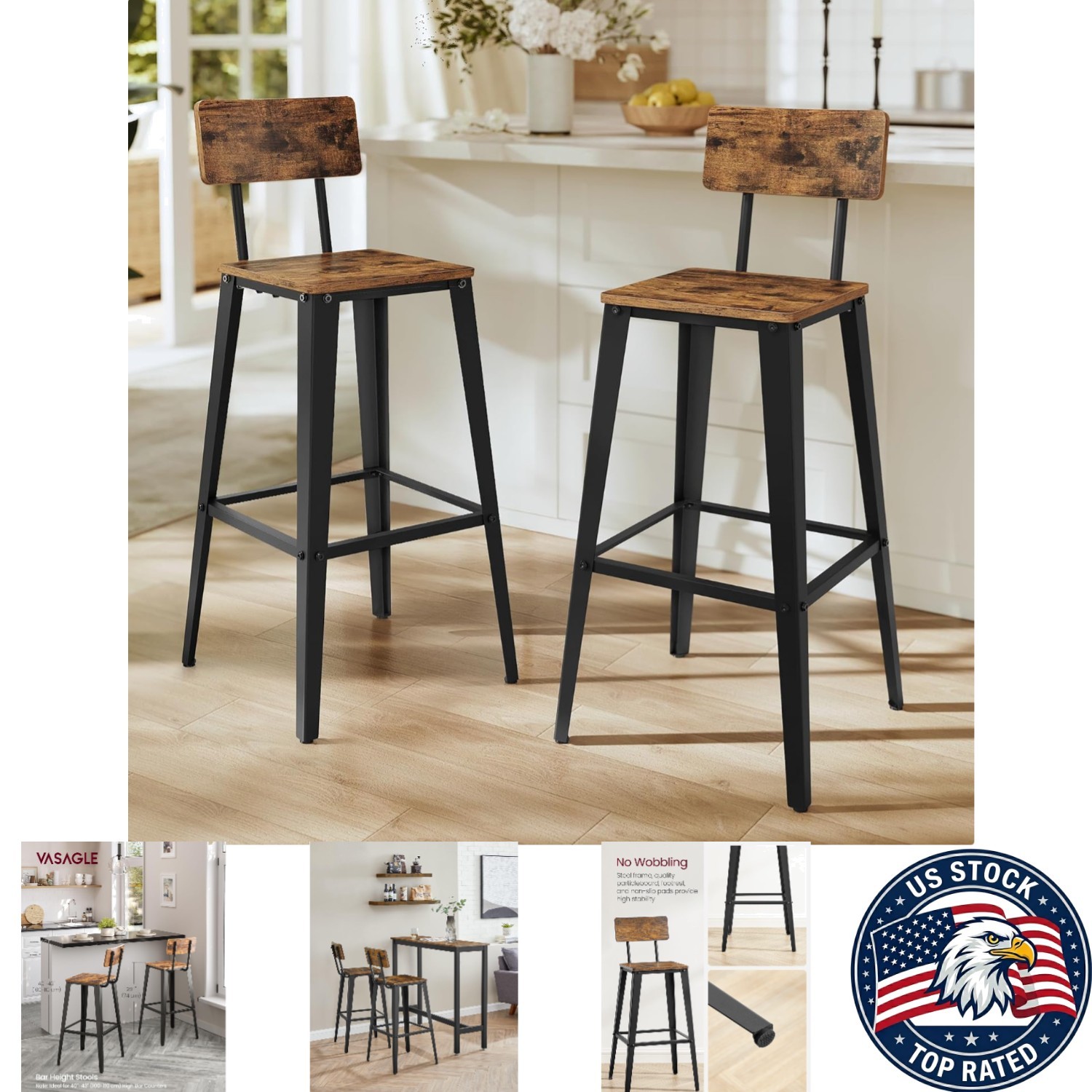 Set of 2 Comfortable Bar Height Stools – 29.1” Tall with Backrest & Steel Frame