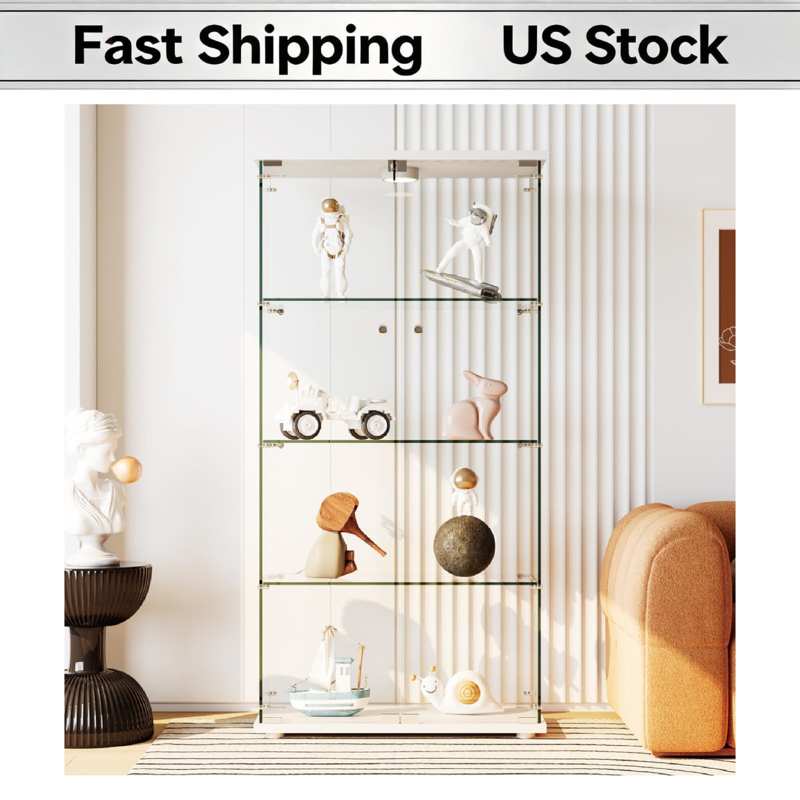 Glass Display Cabinet 4-Tier with Sensor LED Lights for Toys Wine Collectibles