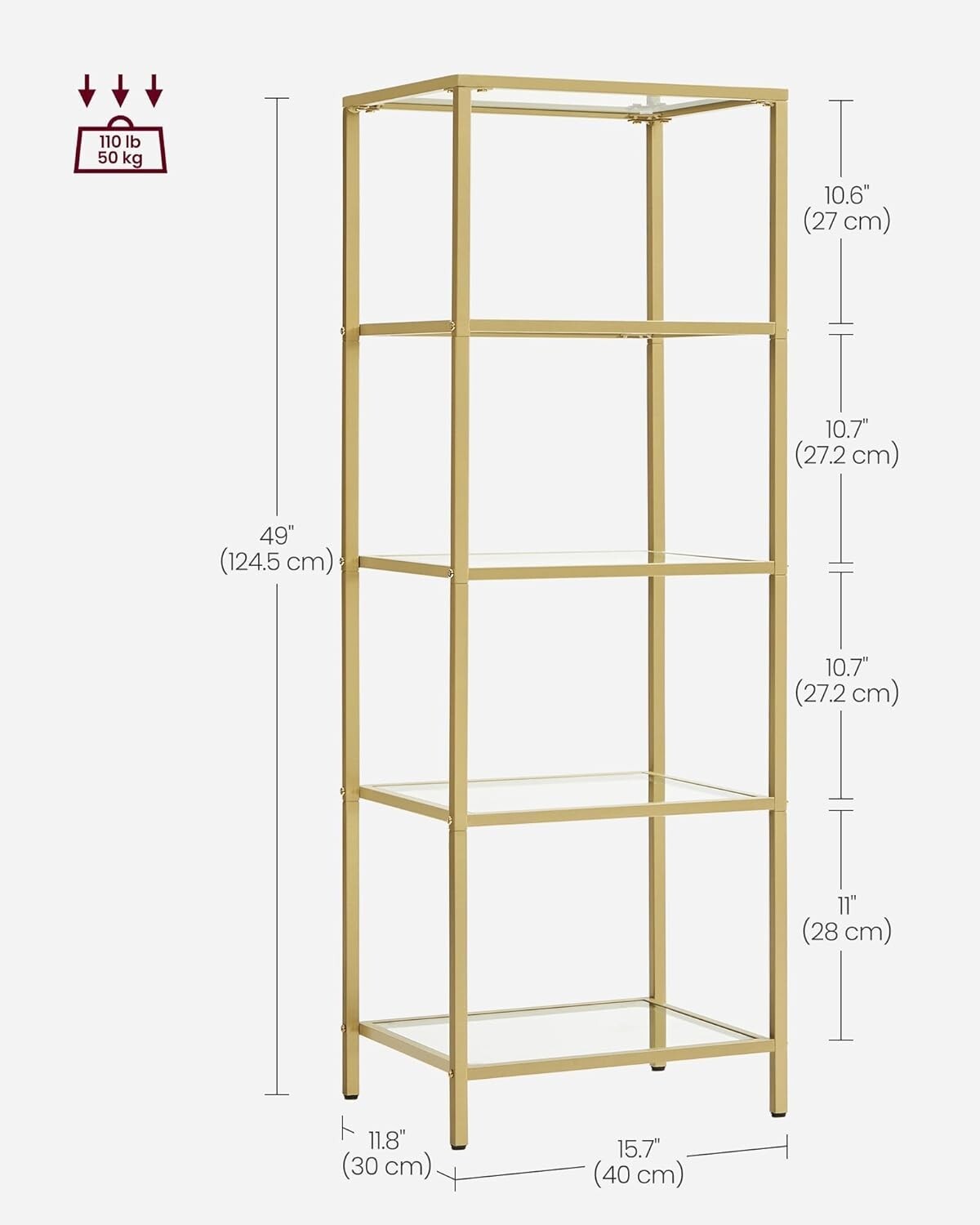 Modern 5-Tier Tempered Glass Bookcase with Gold Steel Frame – Stylish & Durable