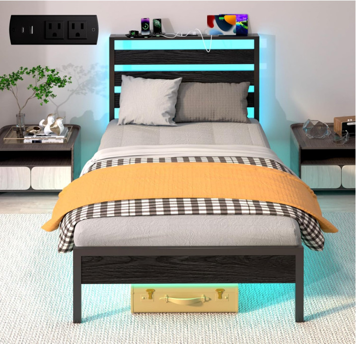 Twin Bed Frame with LED Lights & Charging Station, Storage Headboard, Heavy Duty